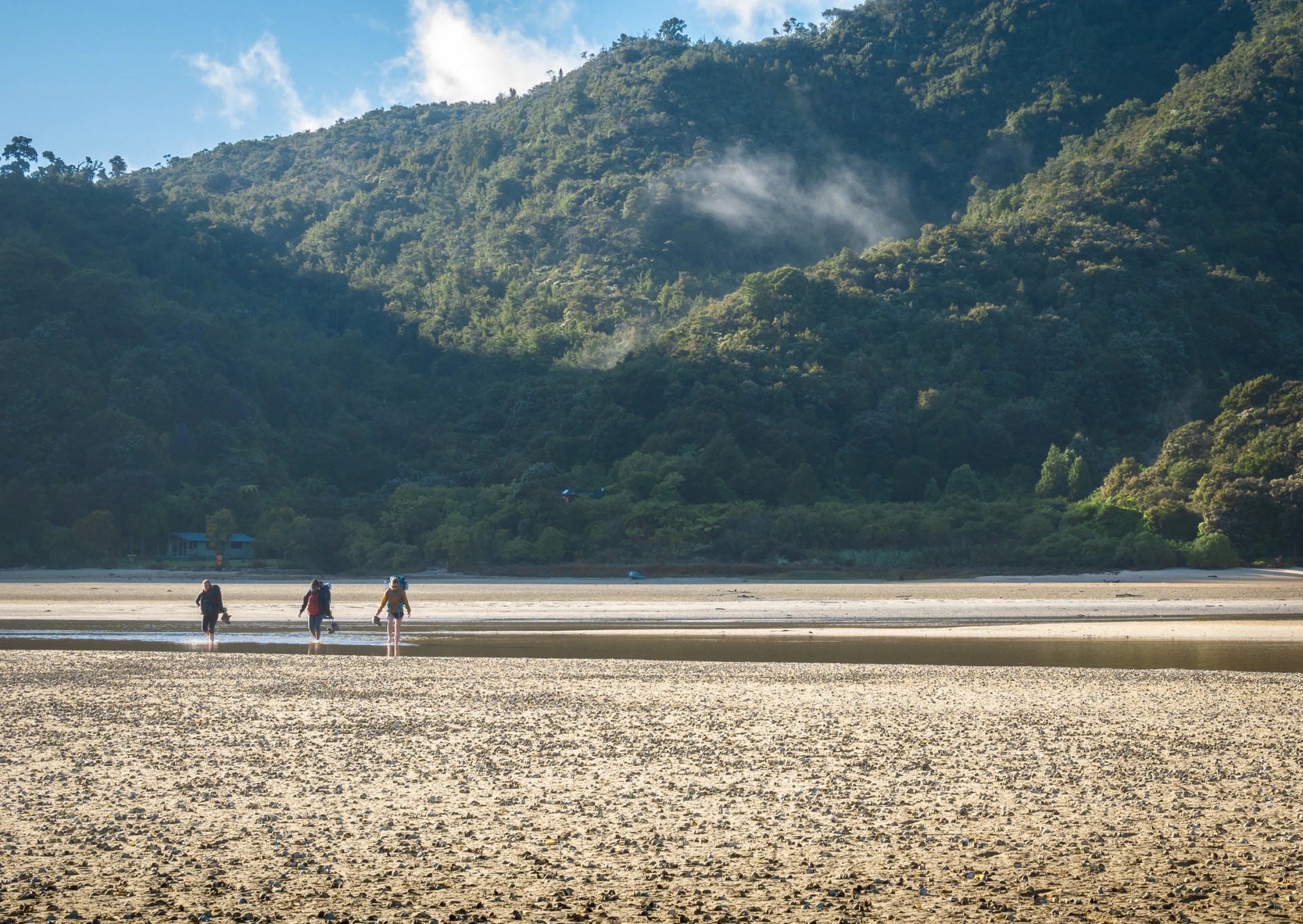 Walkers crossing a tidal inlet in the early morning