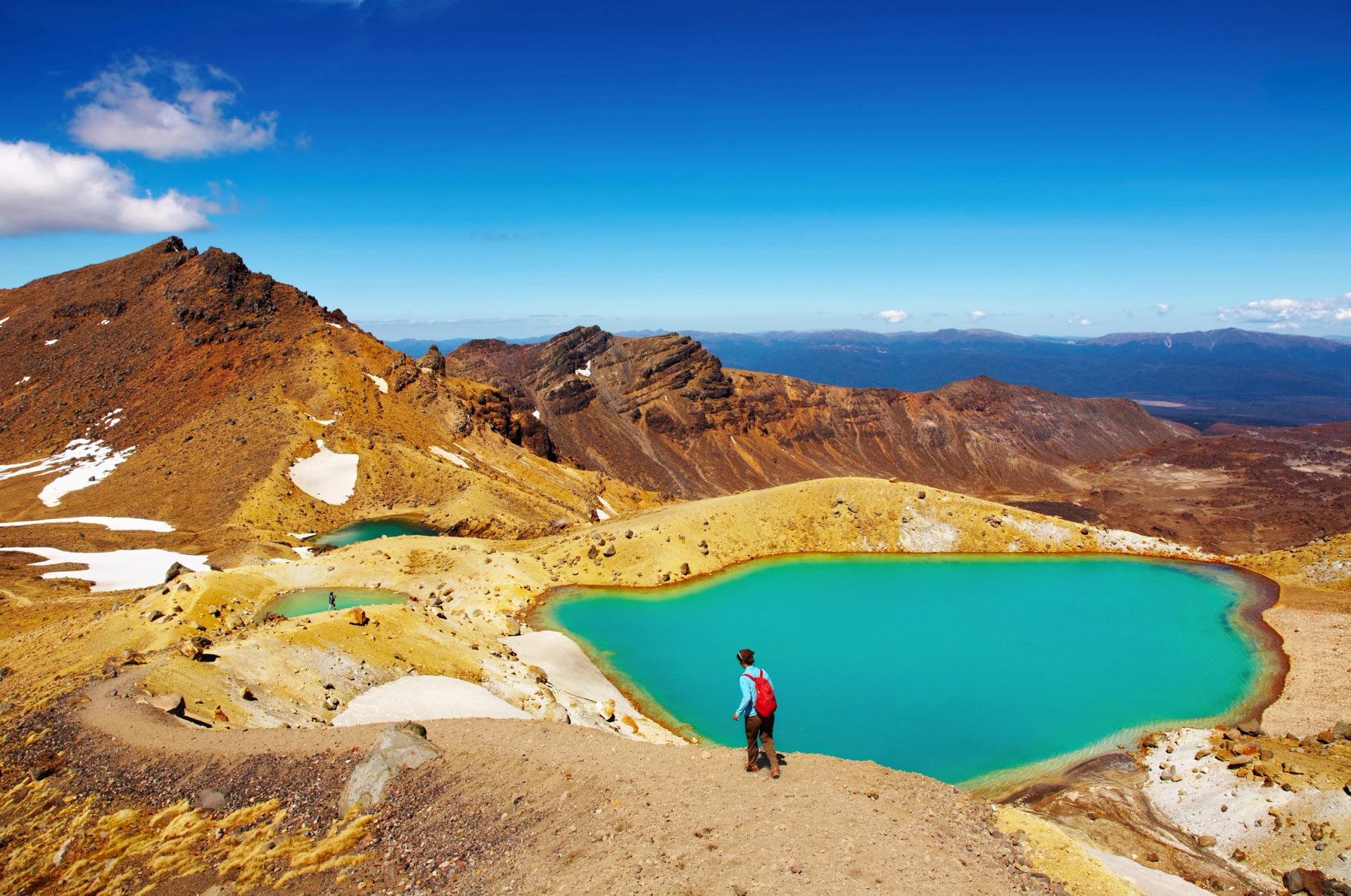 The Emerald Lakes fill old explosion pits and take their colour from minerals washed down from Red Crater