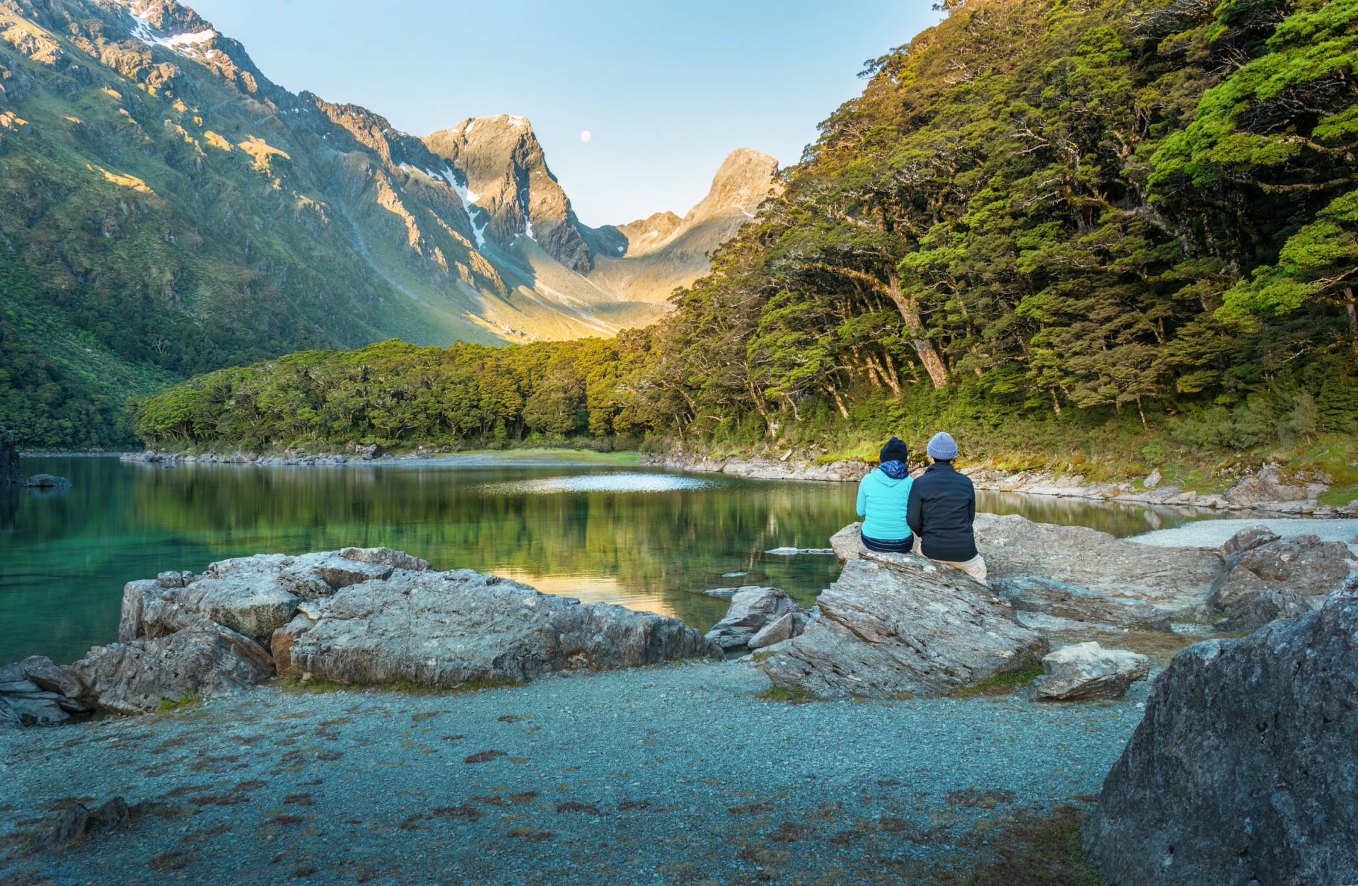 Lake Mackenzie Hut stands on this shore, a night's stop for most Routeburn walkers
