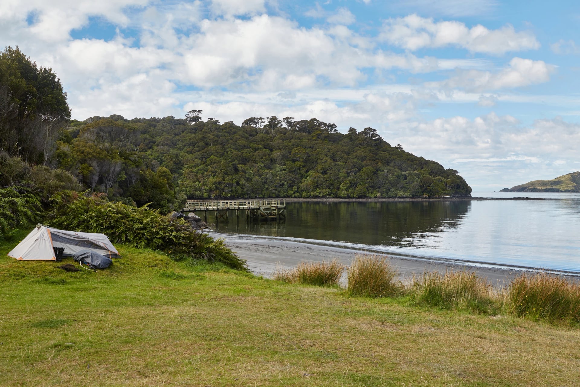 Port William, the first night on the Rakiura Track, has both a hut and a campsite by the jetty