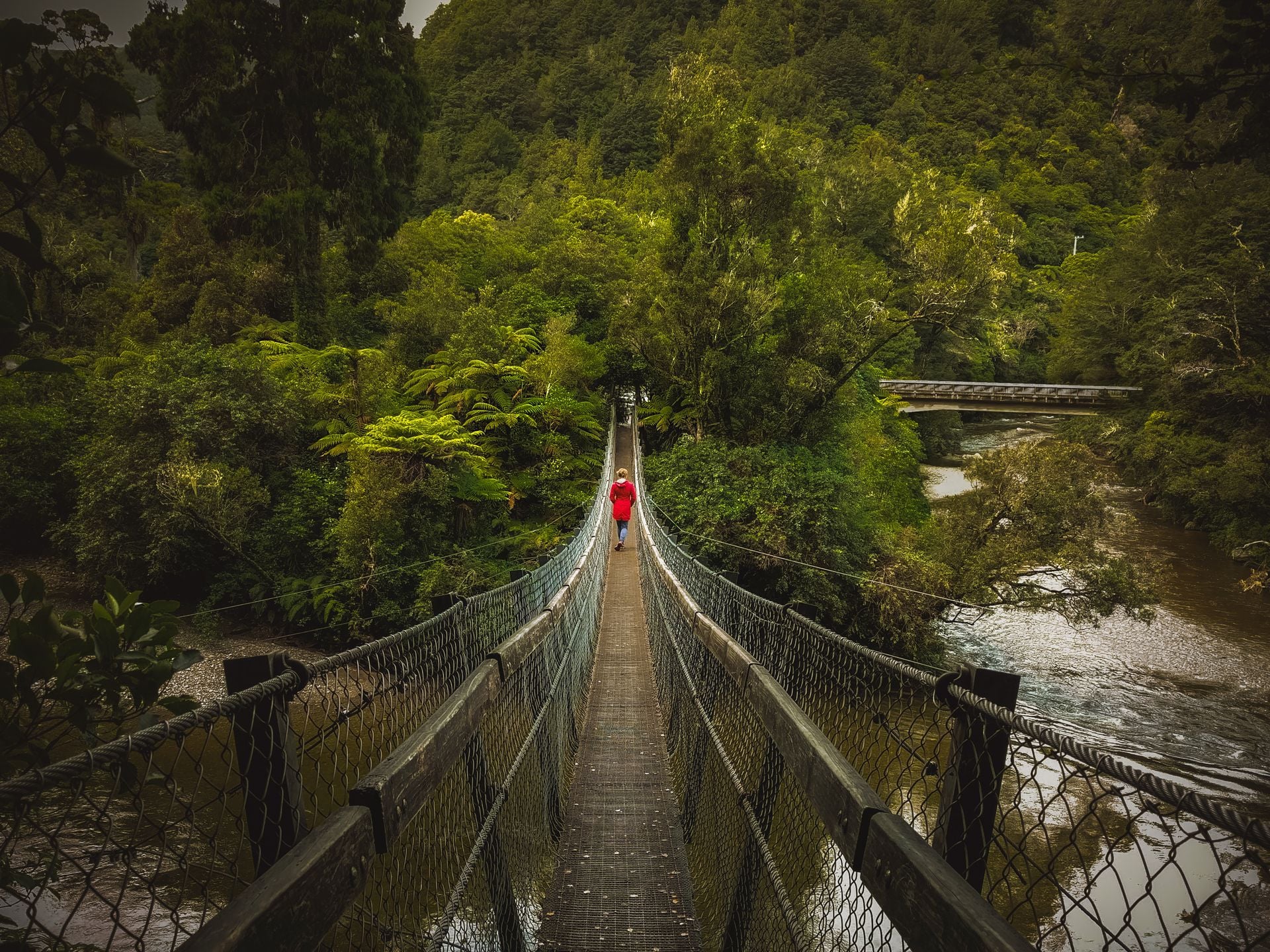 Cross the swing bridges one at a time, as the sign says